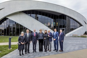 An image of Stephen Hadley, General Michael Hayden and Samantha Power after they tour the new National Veterans Memorial and Museum in downtown Columbus.