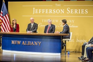 A photograph of Stephen Hadley, General Michael Hayden and Samantha Power at a Jefferson Series Town Hall Lecture.