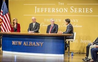 A photograph of Stephen Hadley, General Michael Hayden and Samantha Power at a Jefferson Series Town Hall Lecture.