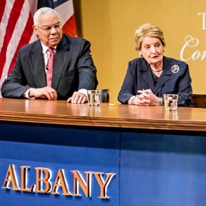 General Colin Powell and Madeleine Albrightspeaking to a moderator at the 2019 Jefferson Series event.