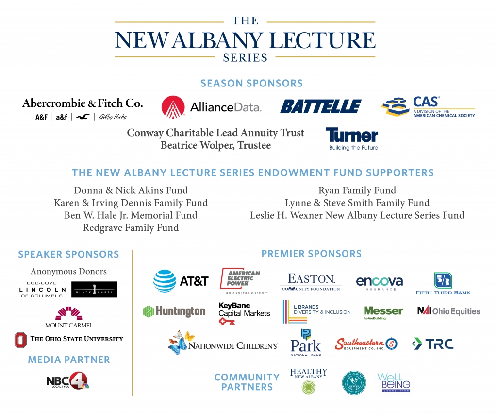 The New Albany Lecture Series event sponsors and their company logos.